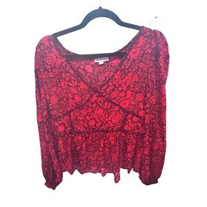 Knox Rose Red Black Floral Print Peplum Blouse Long Sleeve Women's Size L